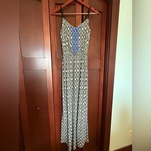Maurices Blue and White Printed Maxi Dress with Blue Embroidery